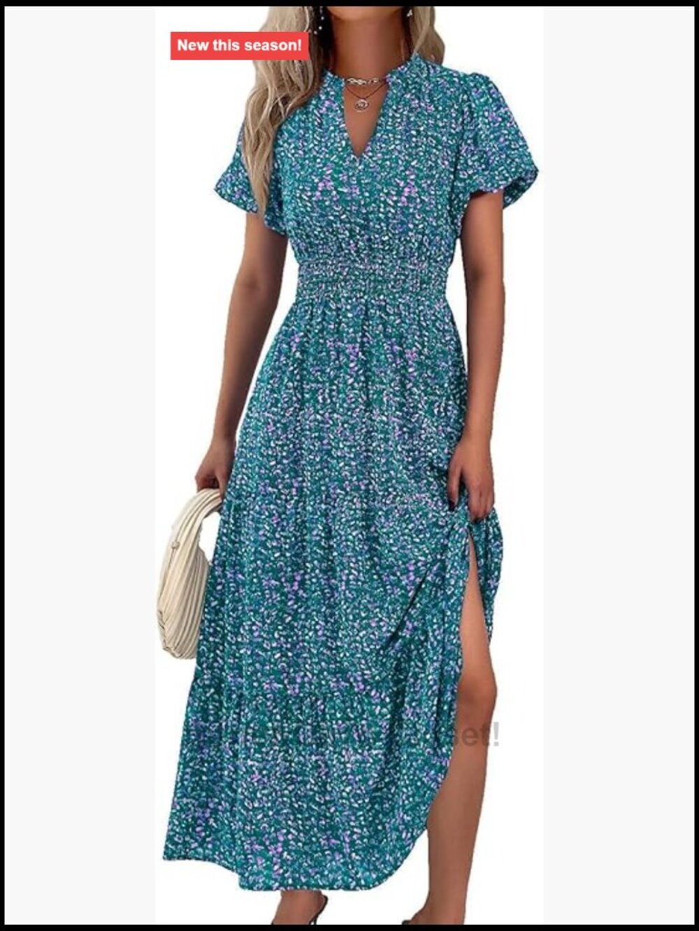 V Neck Puff Sleeve Smocked Flowy Boho Long Maxi Dress with Pockets